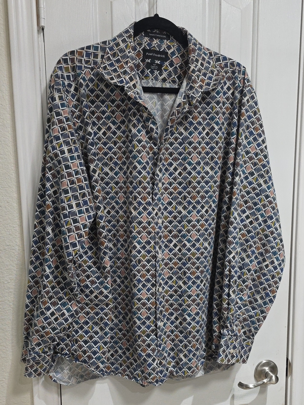 Paul Fredrick Navy Geometric Printed Button-Up Shirt Size XLT. Cotton & Silk